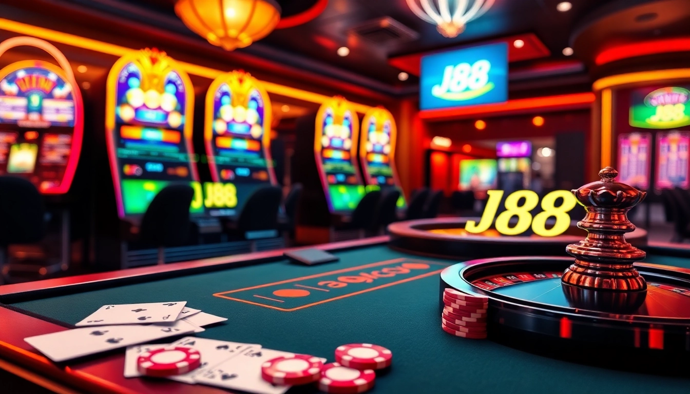 Experience the excitement of J88 casino gaming with vibrant tables, cards, and slot machines