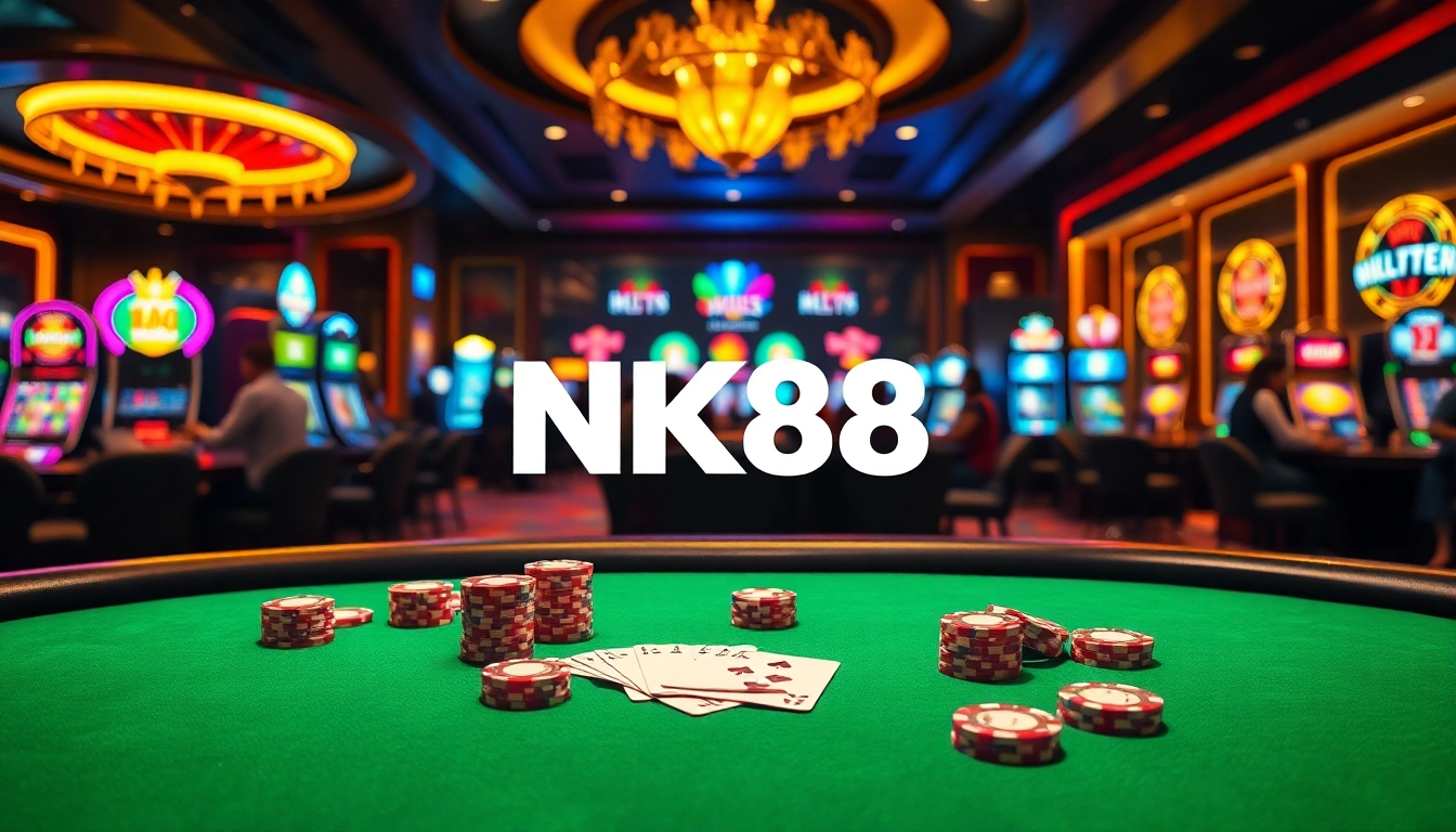 Experience high-stakes action at NK88's vibrant casino atmosphere with poker cards and chips.