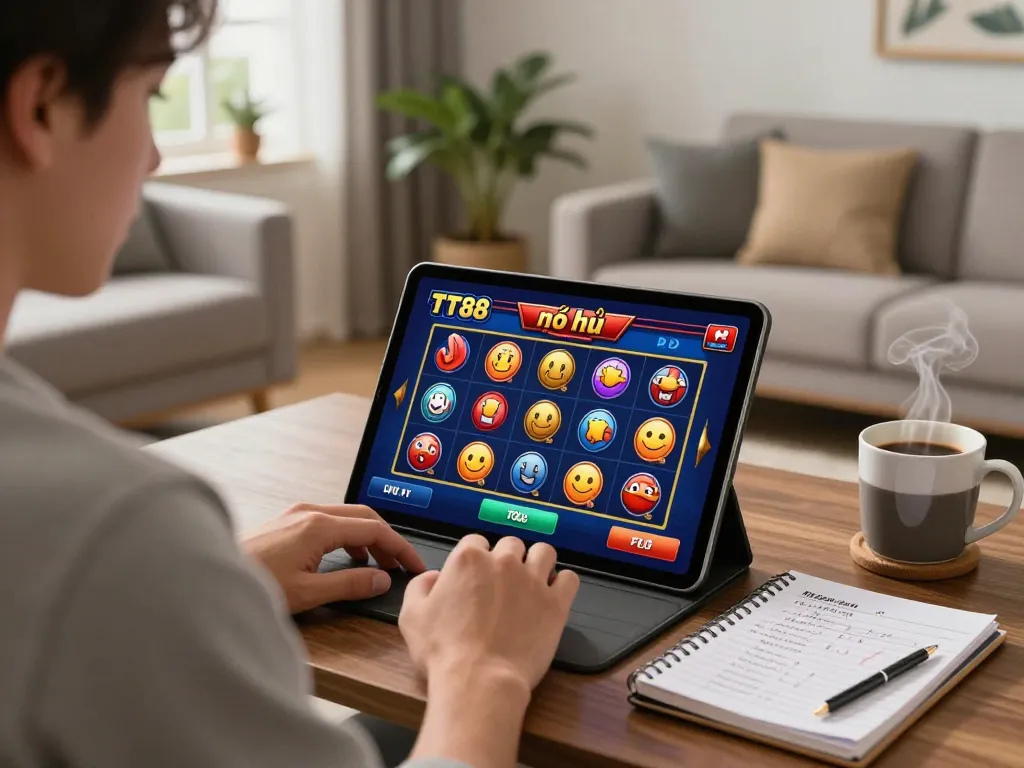 Player engaging with TT88 nổ hũ on a tablet in a modern living room, showcasing dynamic online gaming atmosphere.