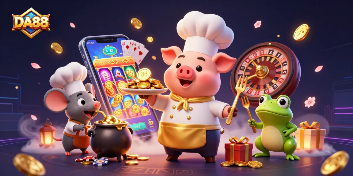 Engage with DA88's vibrant casino scene featuring a pig chef, coins, and thrilling game elements.