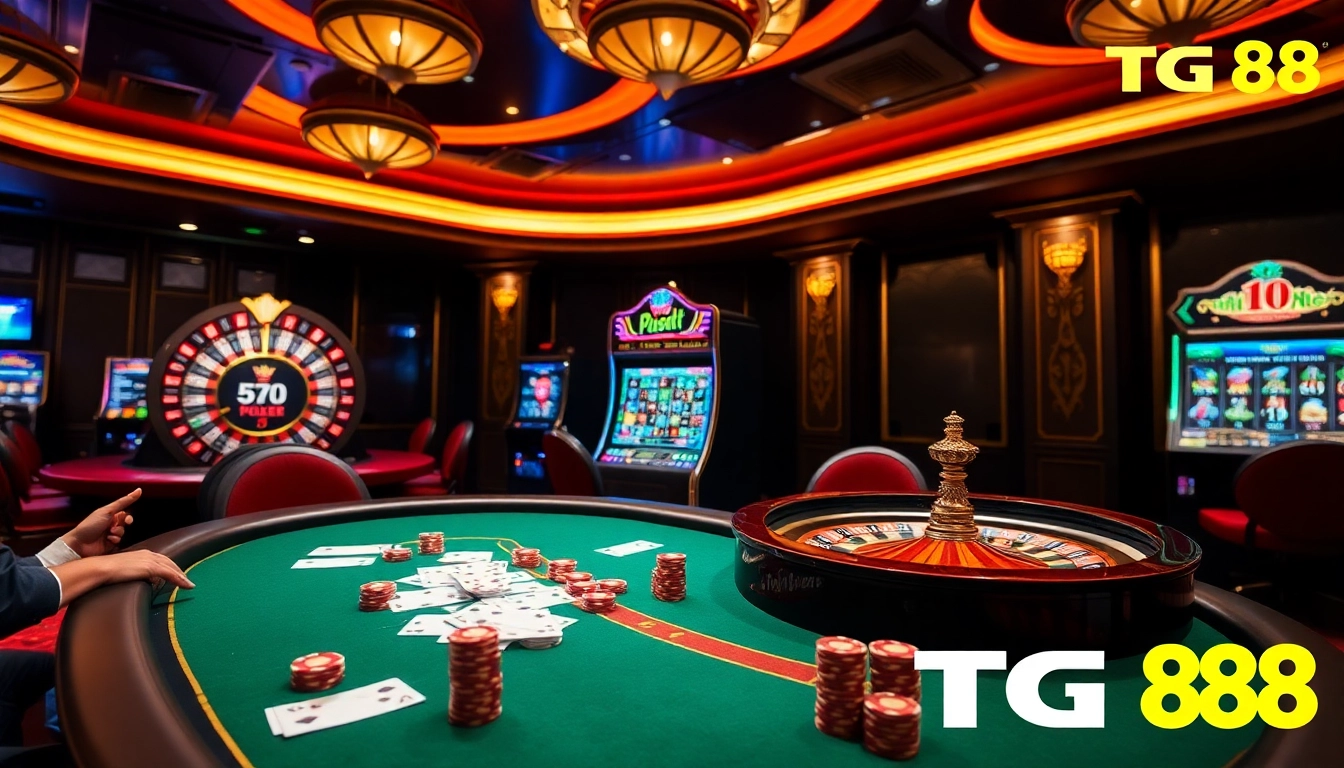 Experience thrill at the TG 88 casino with dynamic poker chips and vibrant gaming tables.