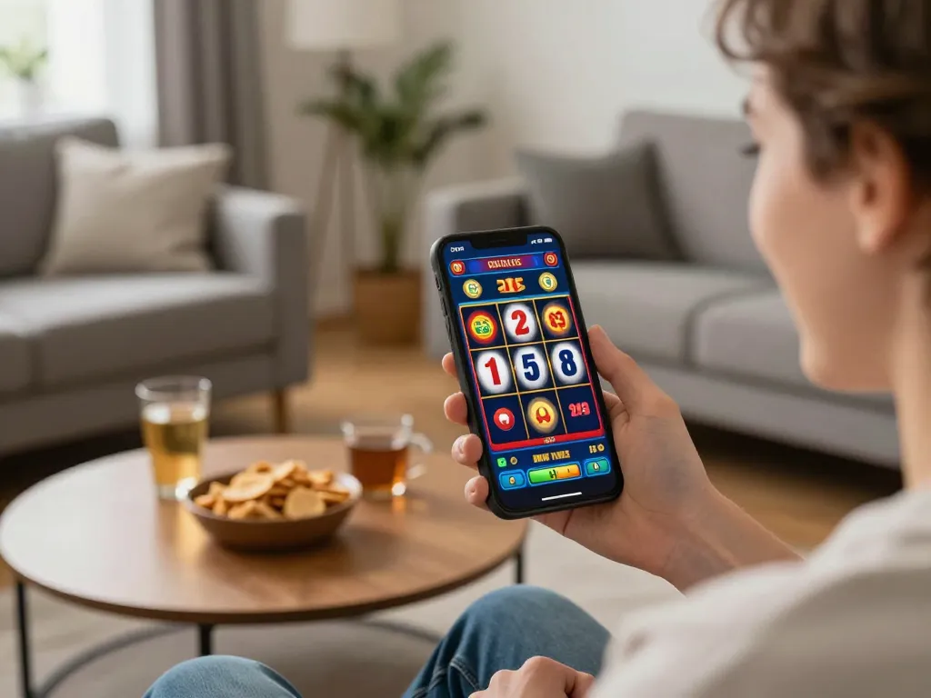 JUN88 player celebrates a win on mobile slot game in a cozy home environment.