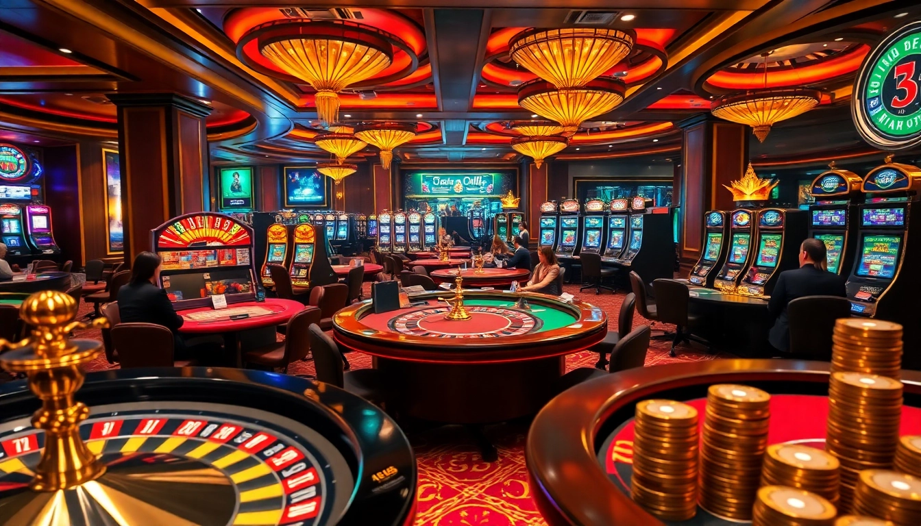 Players enjoying F168 casino games with vibrant tables and slot machines.