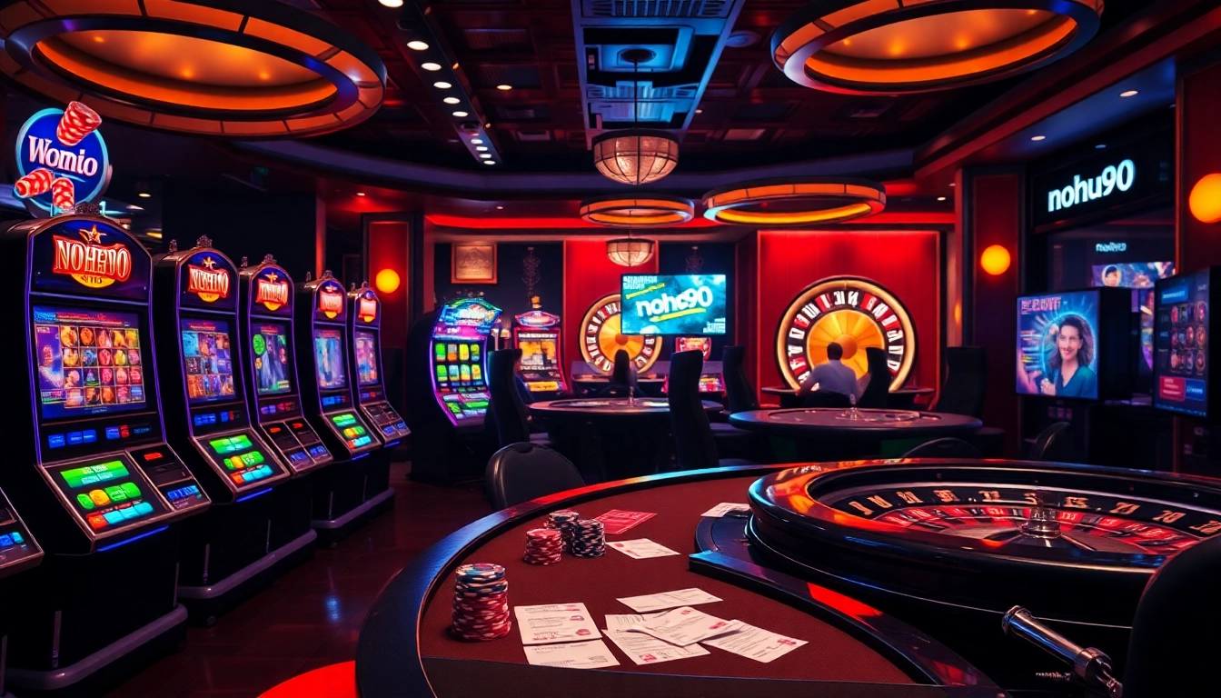 Players enjoying the thrill of nohu90 at a vibrant casino, surrounded by poker chips and slot machines.
