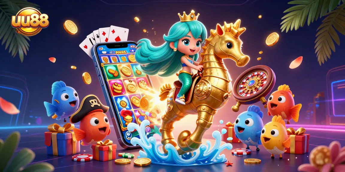 Experience winning at uu88 with a vibrant 3D casino scene featuring a mermaid princess, a giant seahorse, and exciting gaming elements.