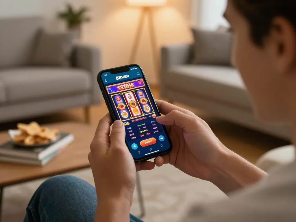 Player engaging with the 88vvgo app, enjoying thrilling online slots in a cozy home setting