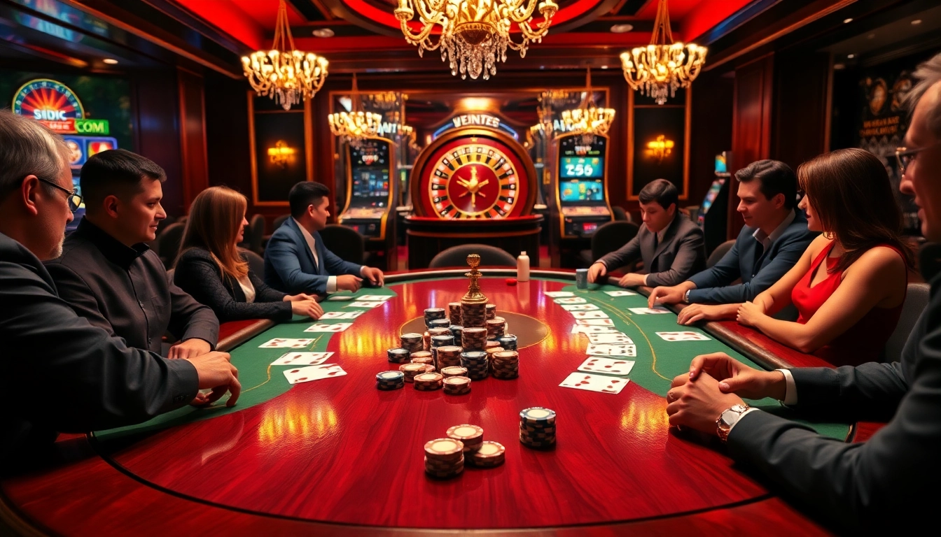Exciting poker action at https://da88st.com/ with players, vibrant chips, and roulette backdrop.