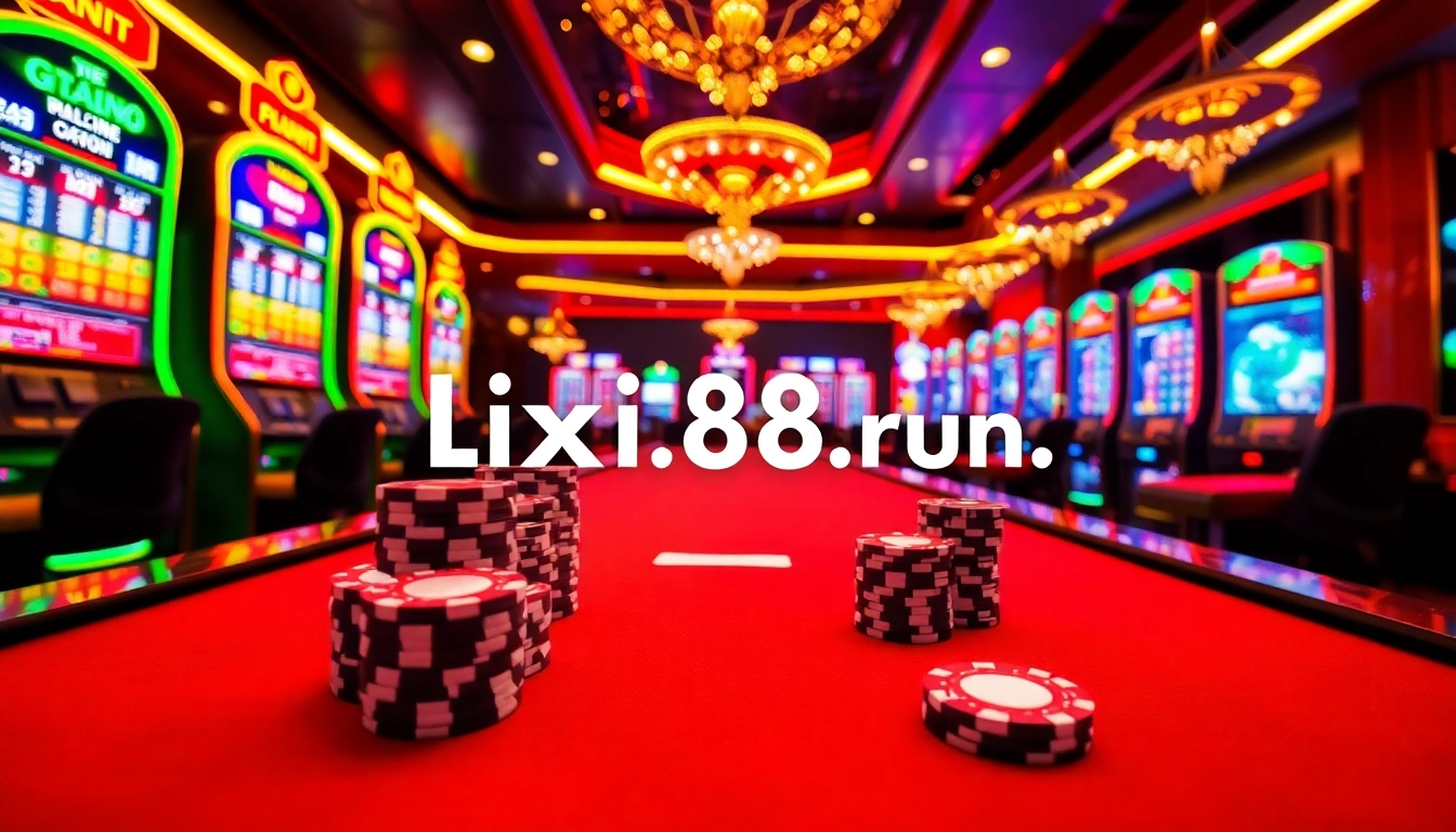 Lively casino scene showcasing intense gameplay at https://lixi88.run/ with poker chips and illuminated slot machines.