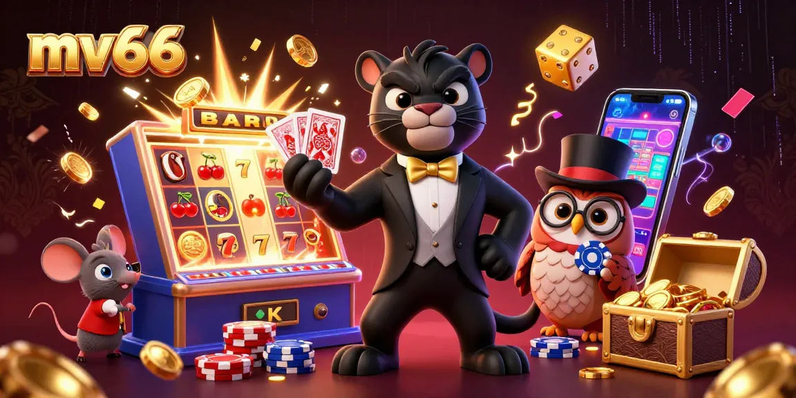 Experience mv66's thrilling casino adventure with characters dealing cards amidst exploding jackpot delights.