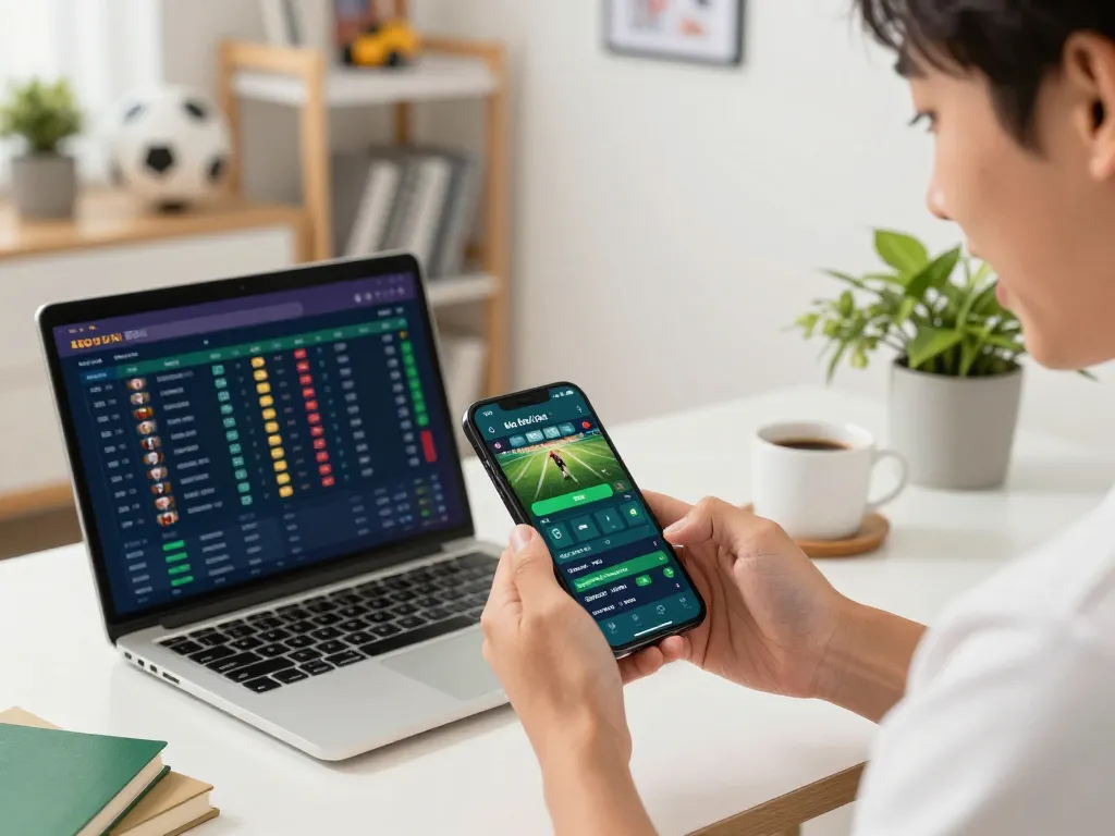 Betting on kèo bóng đá via smartphone, showcasing a modern home office atmosphere with sports memorabilia.