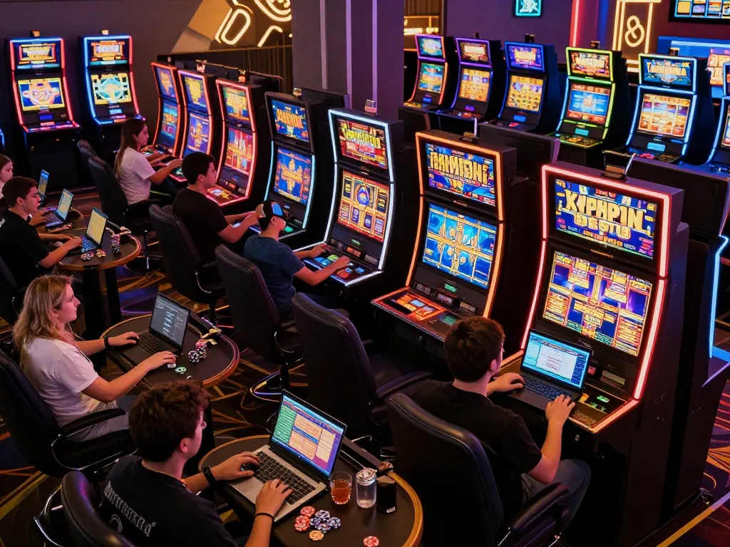 Players engaging with LC88 slot machines in a vibrant online casino atmosphere, showcasing excitement and technology