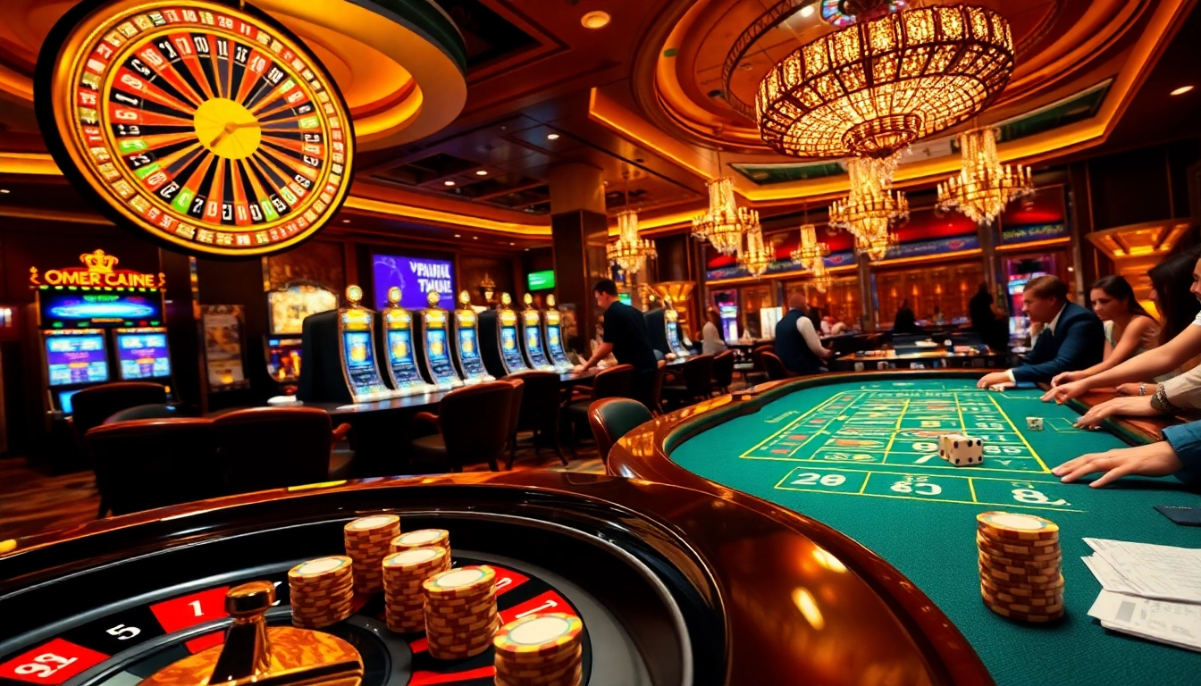 Experience thrilling casino action at https://98win.money/ with vibrant slot machines and a glamorous roulette wheel.