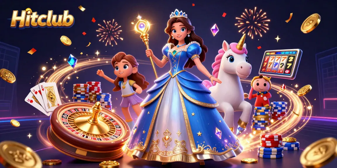 Hitclub's magical experience showcases a glamorous woman and unicorn amidst spinning casino games and shimmering gems.