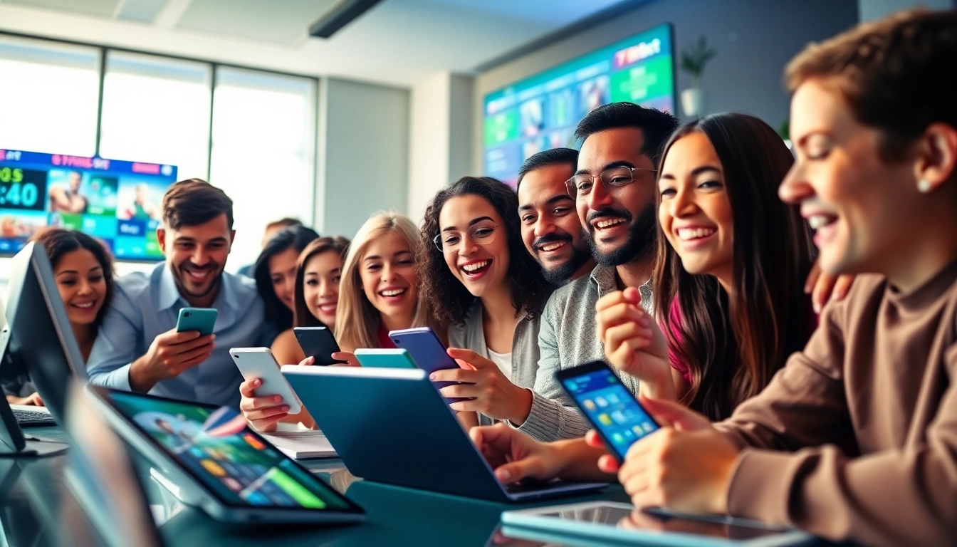Excited players enjoying the 789bet online betting platform on various devices.