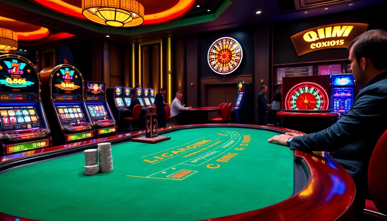 Players enjoying vivid casino action at QQ88's blackjack table with colorful slot machines.