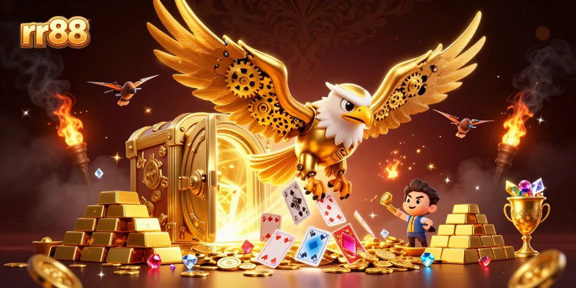 Engage with thrilling games at rr88 featuring a cybernetic eagle amidst golden treasures.