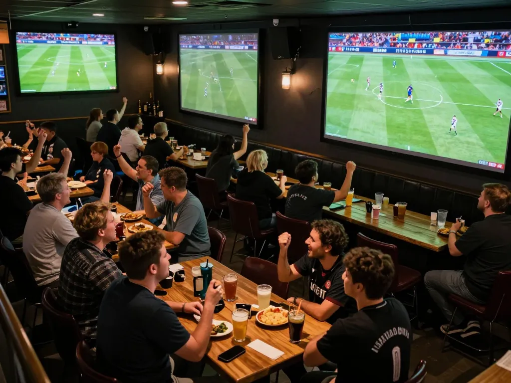 Watch ดูบอล live at an energetic sports bar with crowds enjoying football matches.