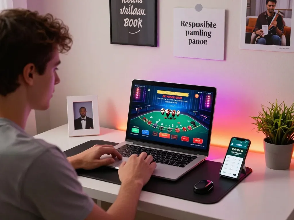 Player engaging in live dealer blackjack with LLwin using laptop and smartphone in cozy home setting
