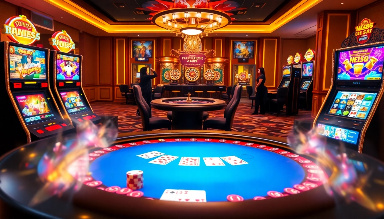 Players enjoying the exciting features of nk88 in a vibrant casino scene with poker tables and slot machines.