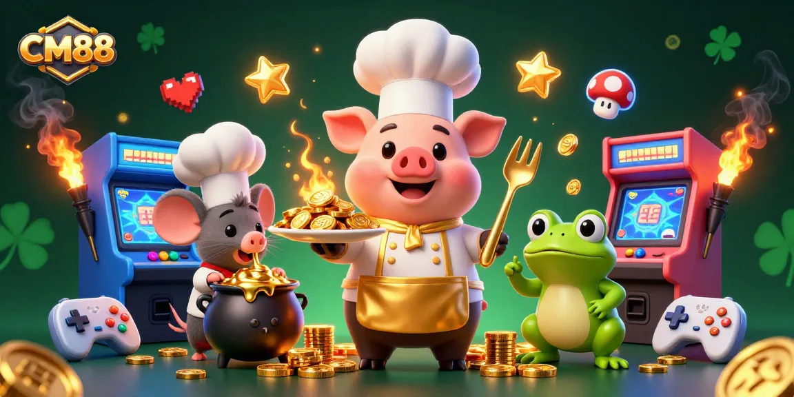 Experience fun and excitement with CM88, where gold coins fly and game elements abound in a vibrant casino scene.