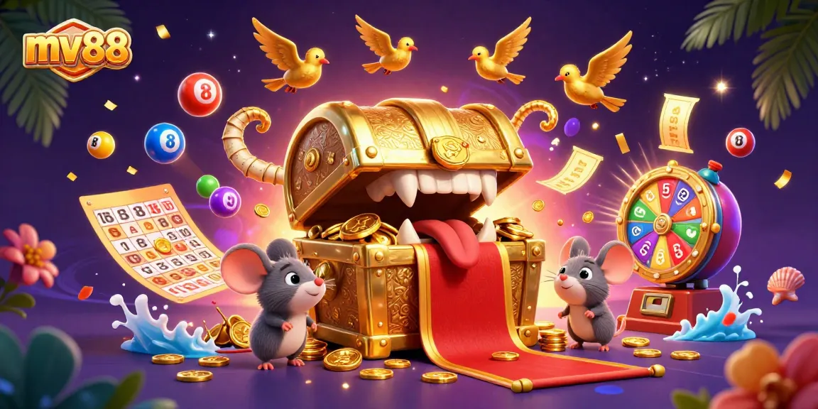 Spin to win with mv88's vibrant casino adventure, featuring lottery balls and a treasure-filled chest!