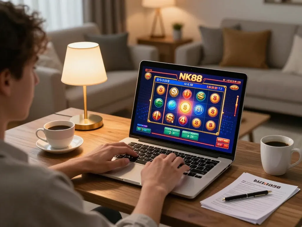 Engaged player enjoying NK88 online casino slots on a cozy home setup.