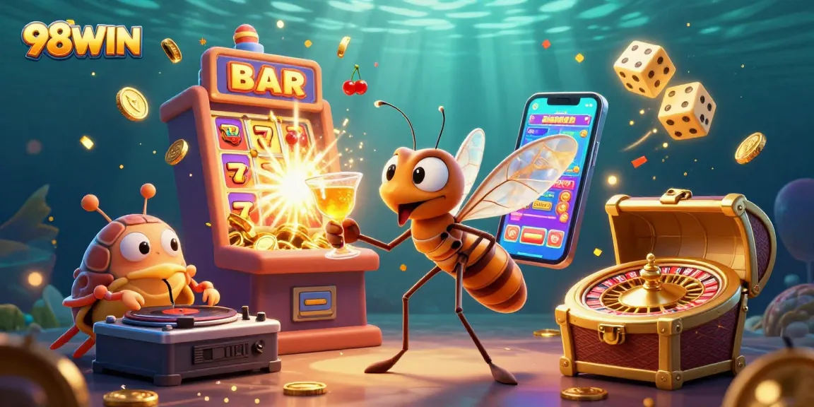 Engage with 98WIN's vibrant casino world featuring lively elements like a slot machine explosion.