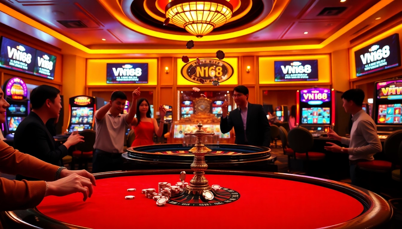 Experience the excitement of gambling at VN168's luxurious casino tables with vibrant poker chips and roulette.