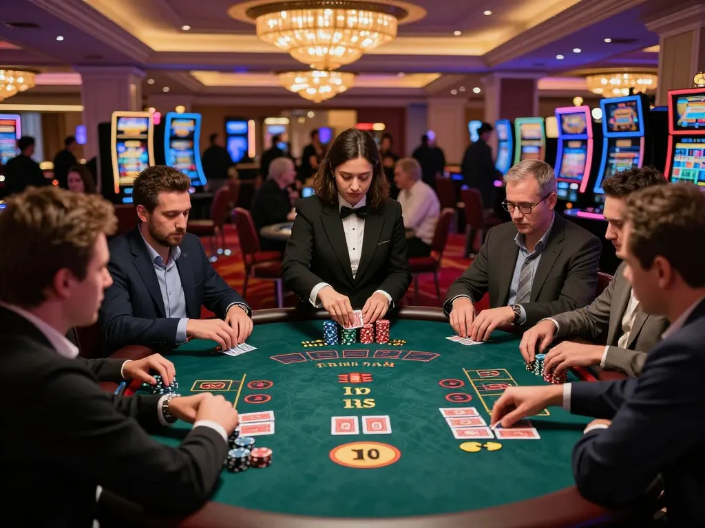 Intense blackjack gameplay at upscale casino with soibetzz players showcasing strategic betting and competitive spirit.