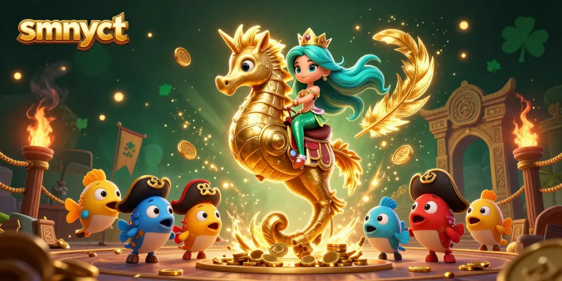 Experience the magic of smnyct with vibrant gambling-themed 3D scene featuring a mermaid princess and a giant seahorse.