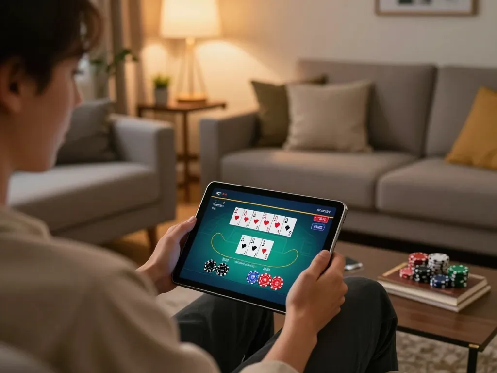 C168 đăng nhập with a person enjoying online poker game on tablet in cozy home setting.