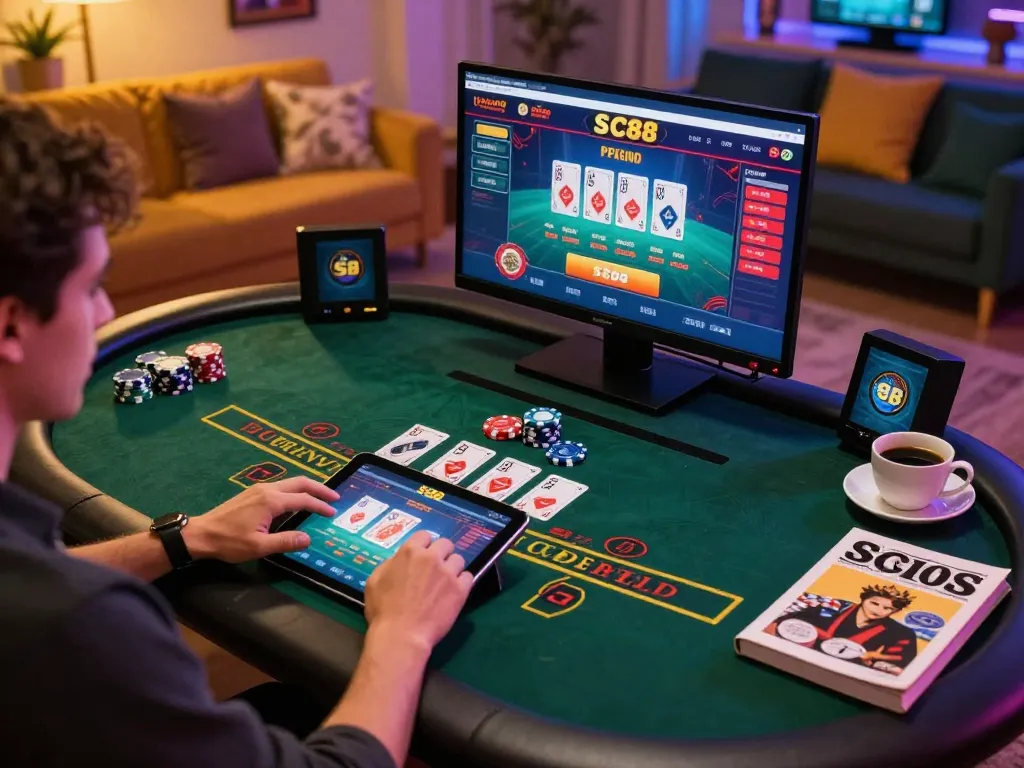 Player engaging with SC88 casino on tablet, placing bets and analyzing strategies at cozy desk