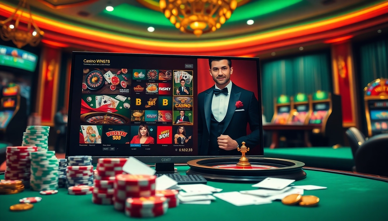 Experience the thrill of gaming at Casino WIN678, showcasing vibrant slot machines and poker tables.