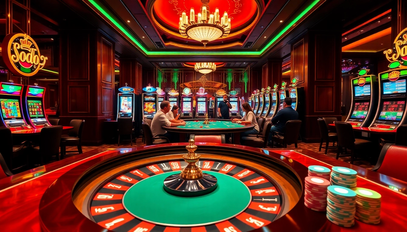 SODO CASINO showcases a vibrant gaming table filled with poker chips and a roulette wheel.