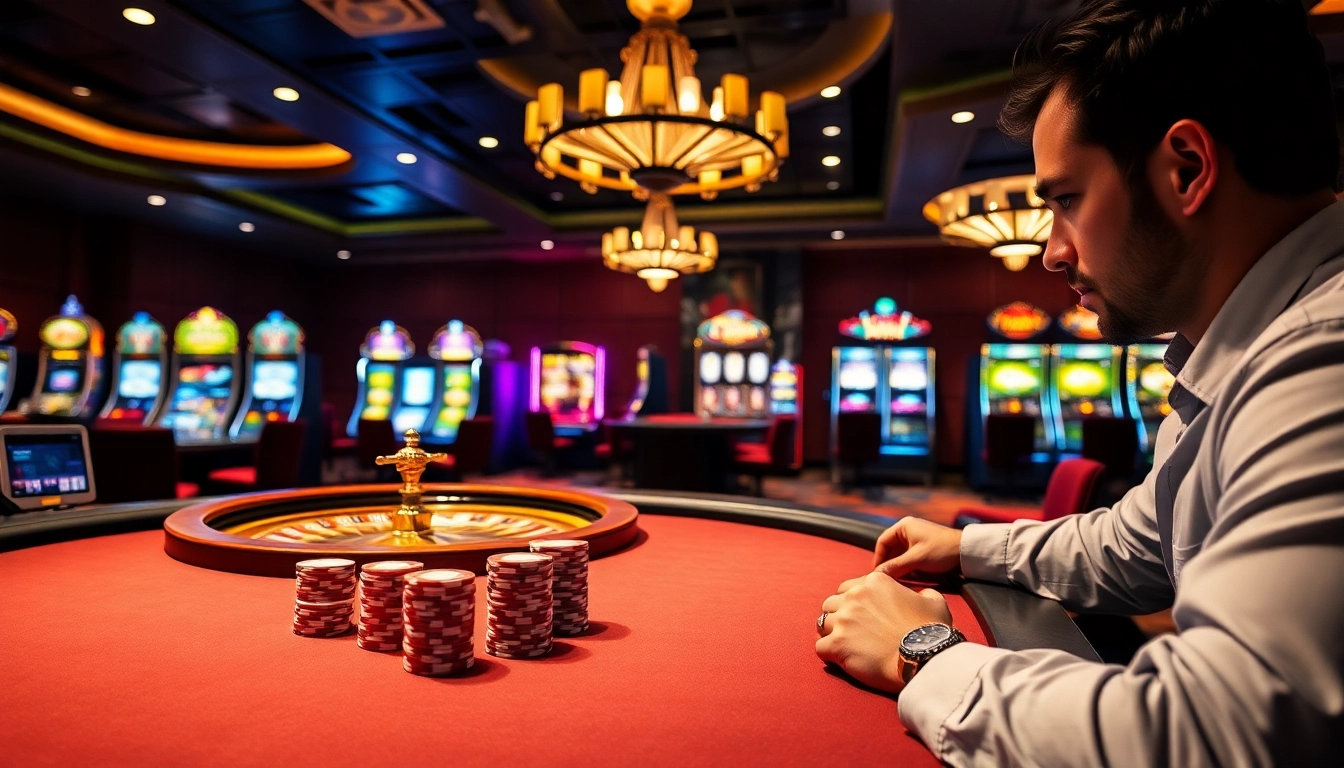 Experience the thrill of 68win at an elegant casino table with vibrant gaming elements.