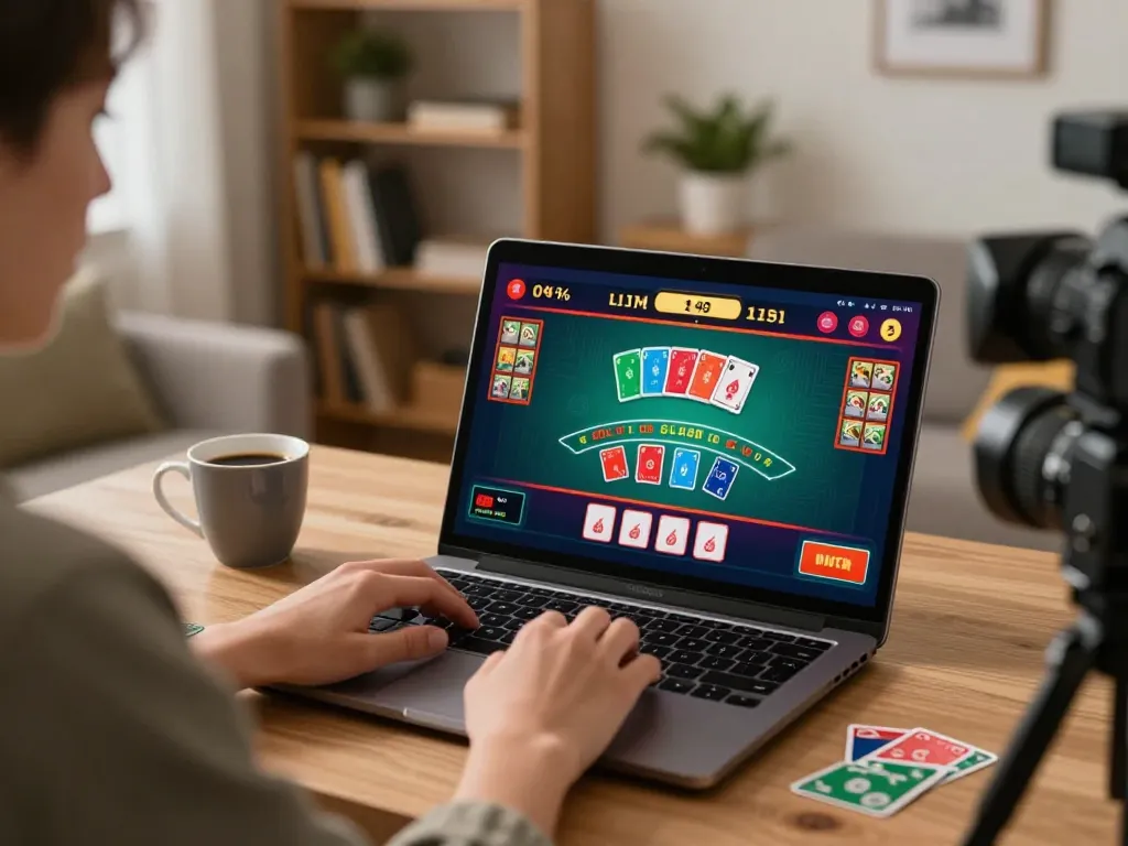 va88 player engaging in live dealer blackjack at home with detailed screen showing cards and betting options