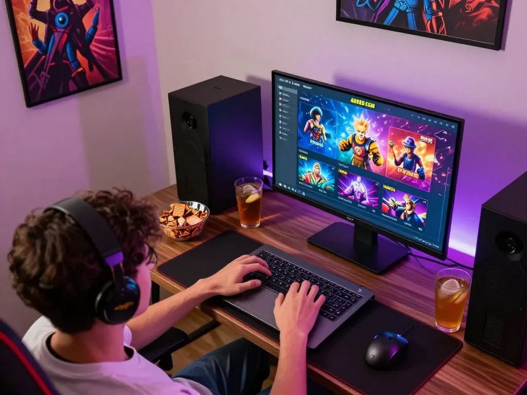 Engaging in online gaming at AE888 COM with a dynamic setup showing vibrant game screens.