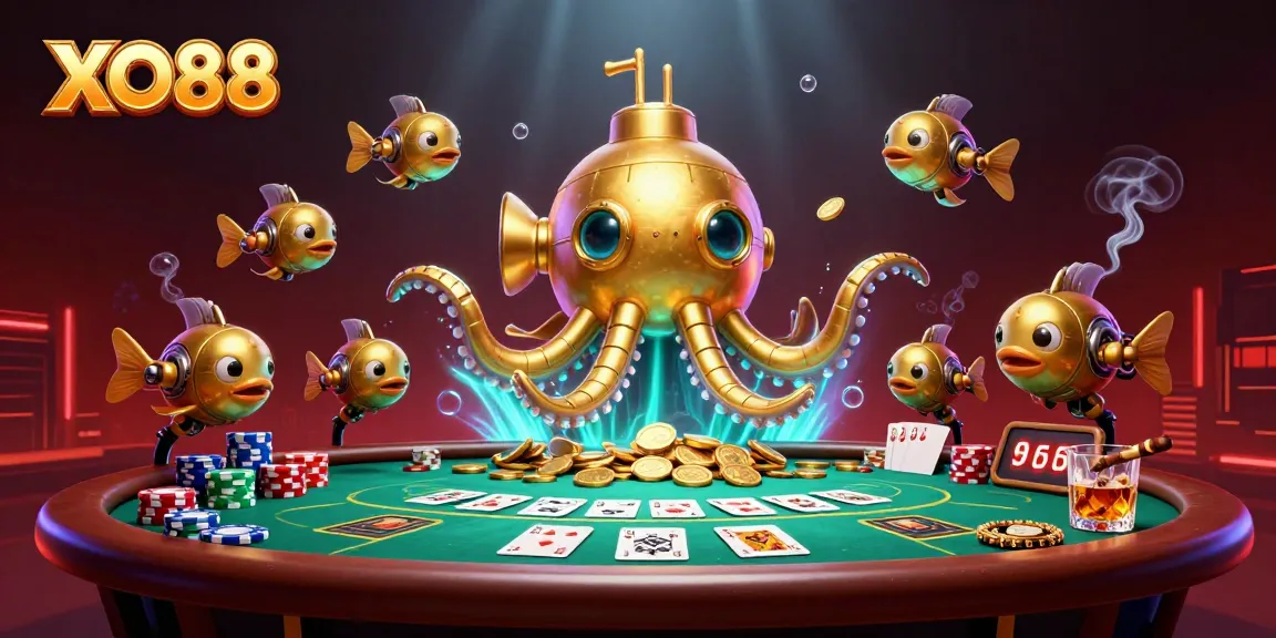 Engage in thrilling poker action with XO88's dynamic casino illustration featuring a golden kraken.