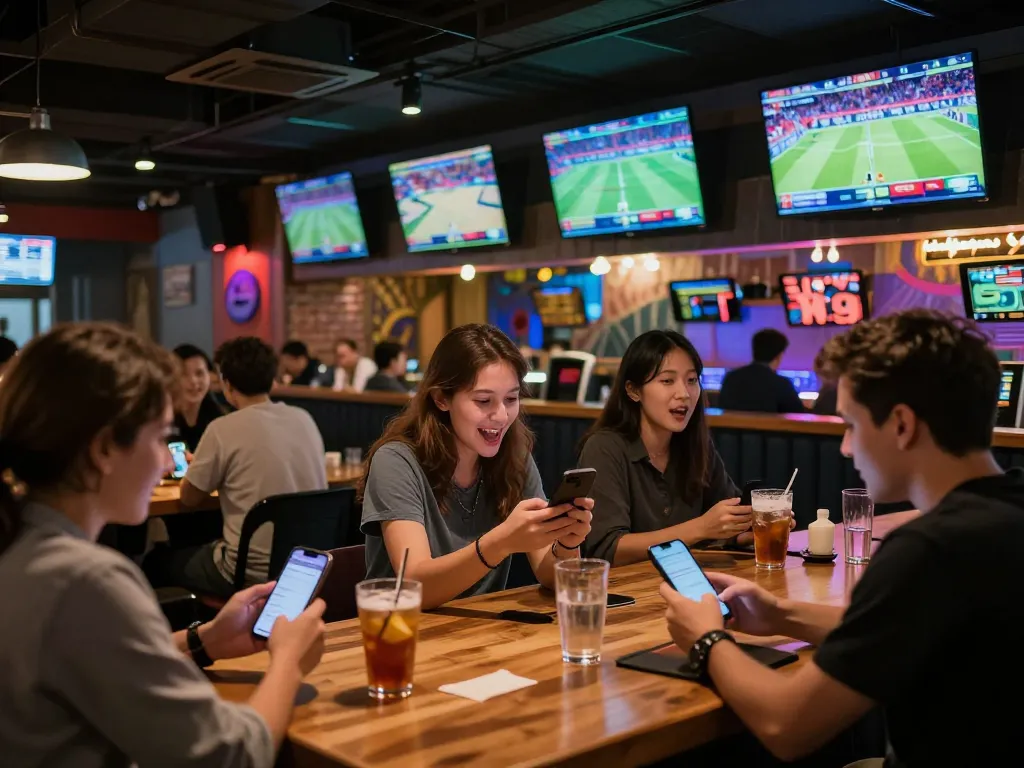 Engaged fans using mobile apps for sports betting while watching live events for ผลบอลวันนี้ updates.