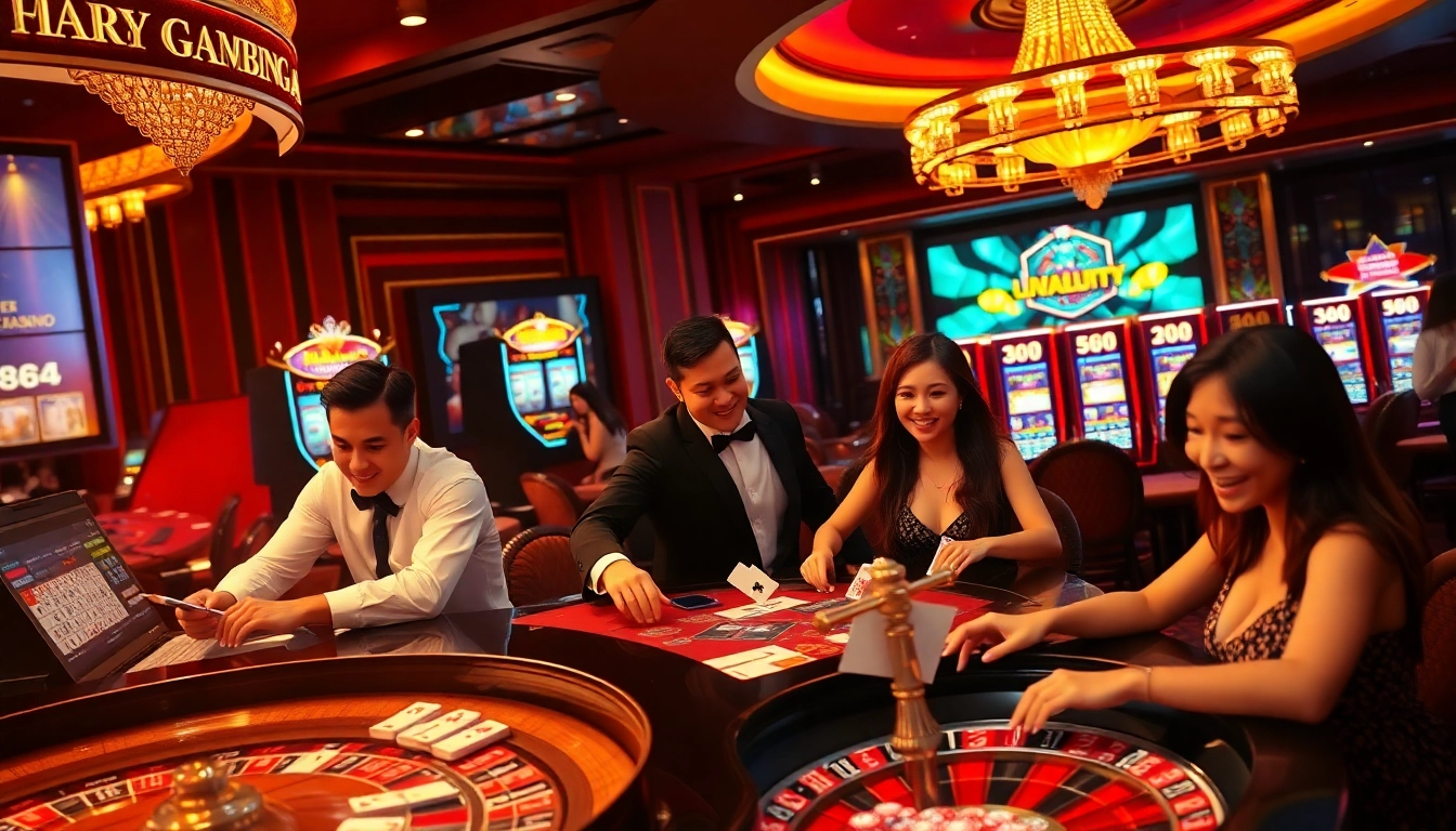 NK88 players enjoying the excitement of poker games in a luxurious casino setting.