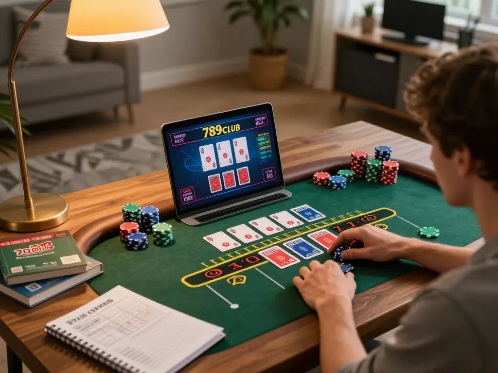 Player enjoying thrilling online casino games at 789club with cards and chips on display.