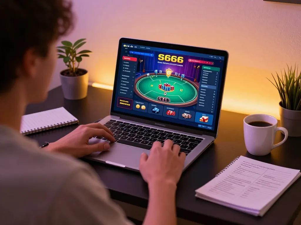 Engaging online gaming scene with nhà cái S666 interface, showcasing strategic poker gameplay in a cozy home environment.