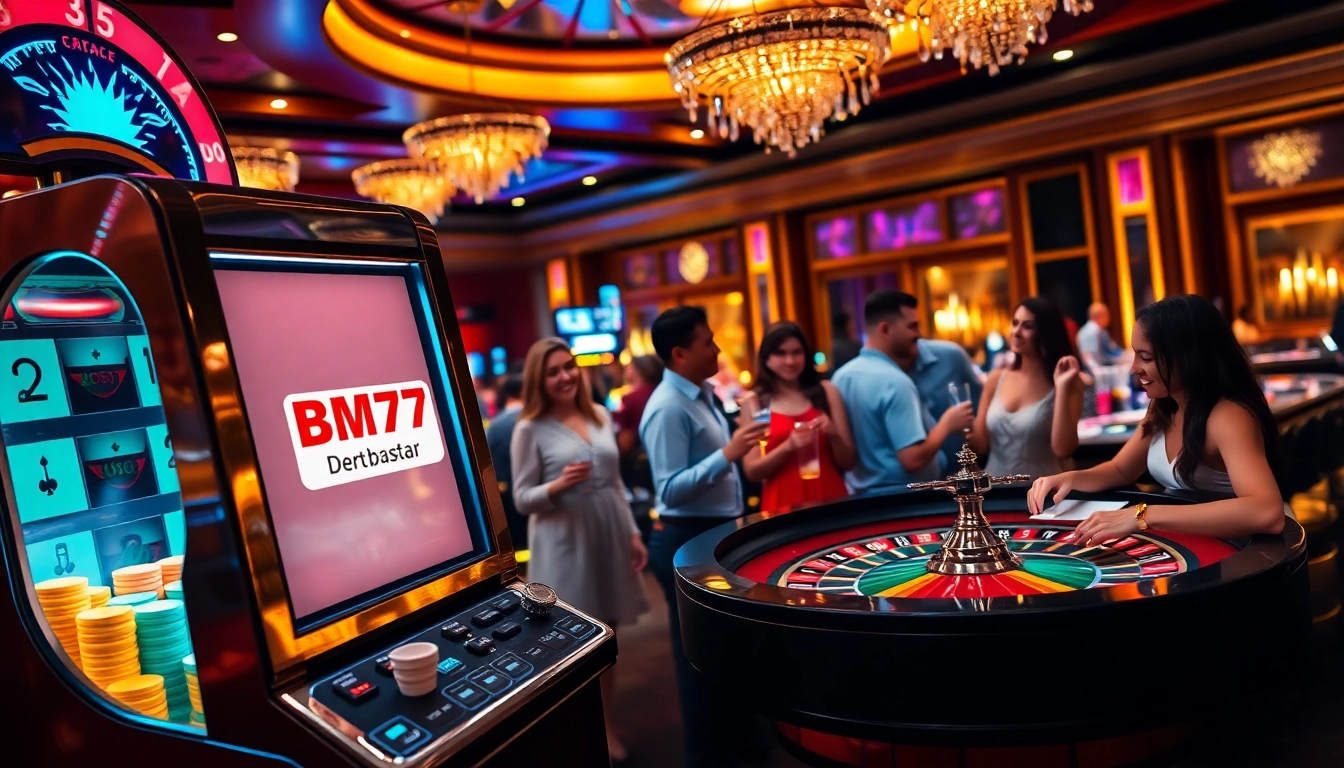 Bmw777 Daftar celebrates exciting slots action at a luxurious casino, with players enjoying gambling.