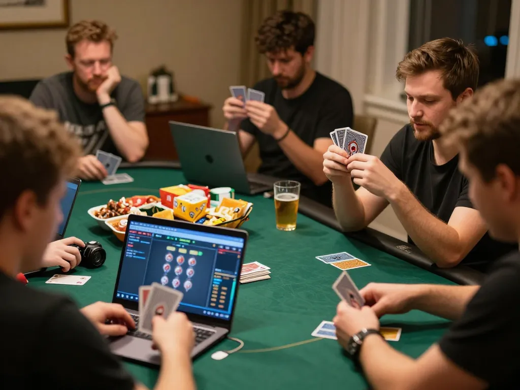 32win players engaging in online poker strategy at home during a competitive session