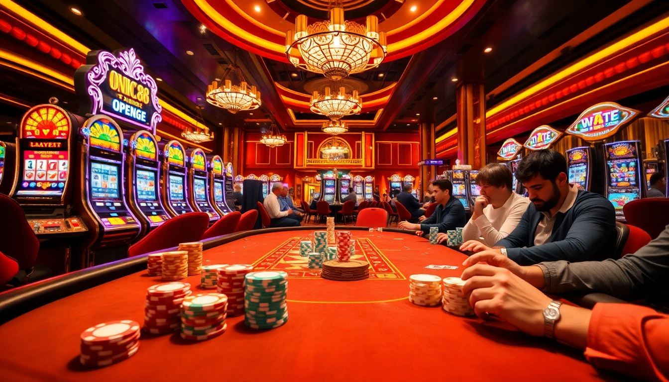 Exciting gambling scene at Open88 with poker chips and slot machines.