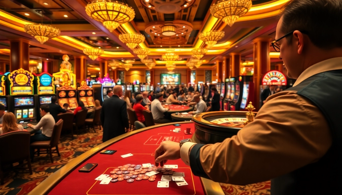 This exciting scene from https://kjcgaming.com/ highlights professional poker gaming with vibrant slot machines and a spinning roulette wheel, embodying luxury and thrill.
