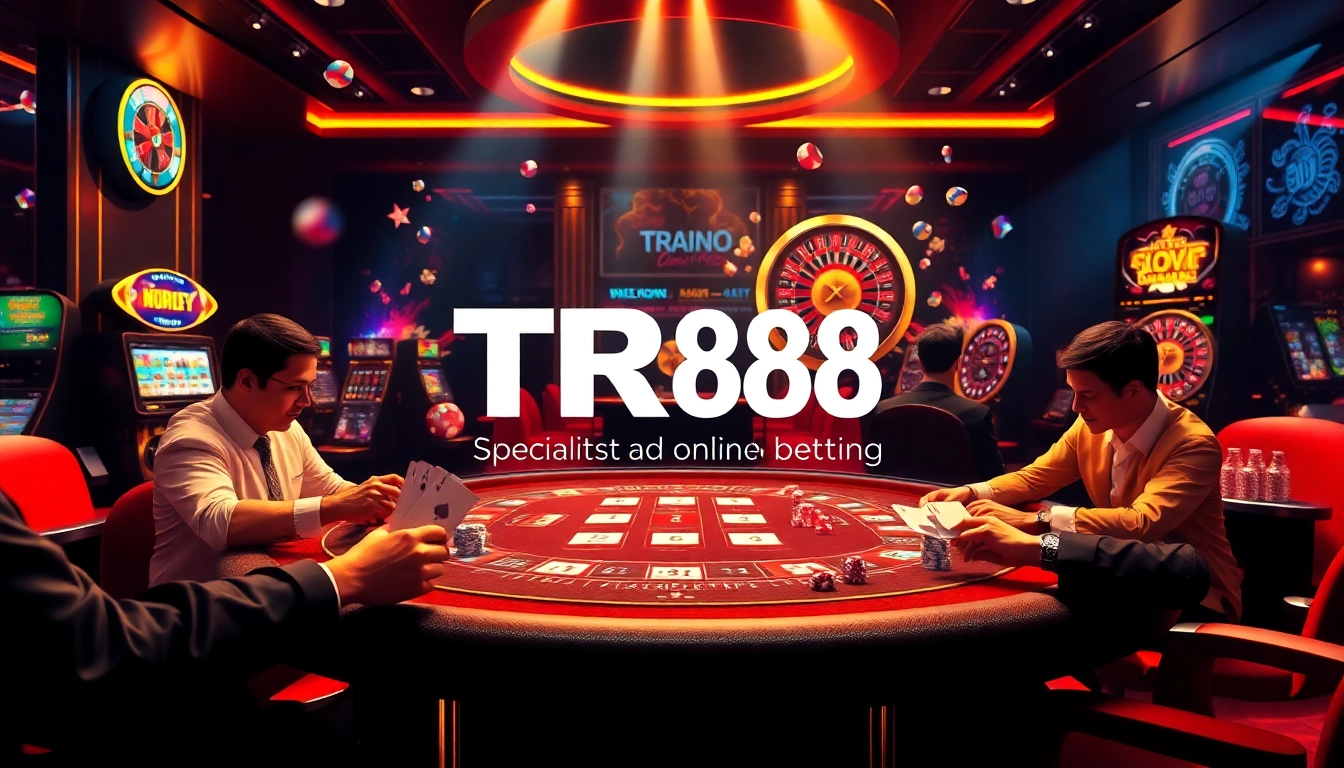 Engage in thrilling games at TR88, featuring a dynamic casino backdrop with players and vibrant tables.