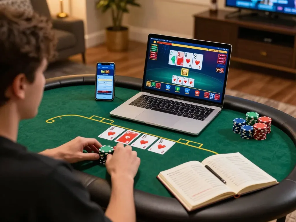 Engaging gameplay on Net88 platform, person strategizing poker in a cozy home setting.