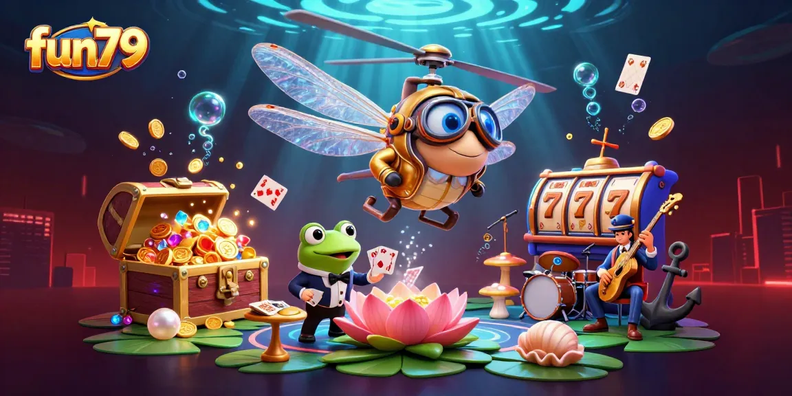Experience fun79 with a dragonfly pilot and frog dealer amid vibrant casino scenes.