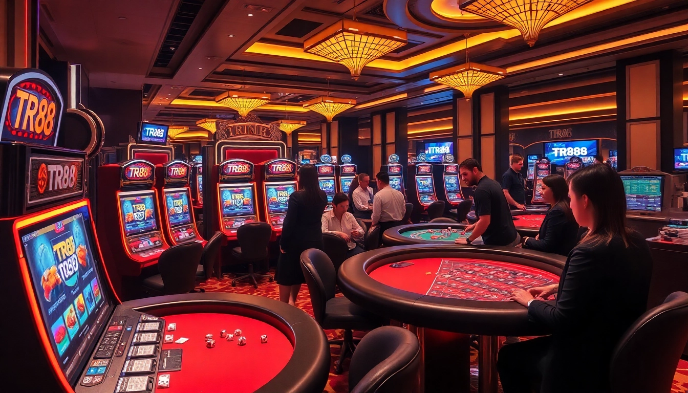 Players engaging with TR88 slot machines in a vibrant, luxurious casino atmosphere.
